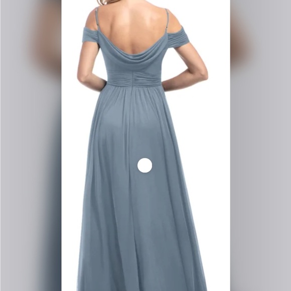 NEW AZAZIE dusty Blue off the shoulder chiffon A line Ruched AJA Maxi Gown A12 - Picture 4 of 10